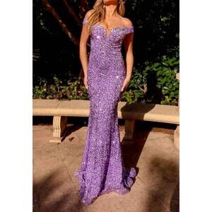 NEW JESSICA ANGEL off-shoulder fitted lace-up back sequin dress in lavender
